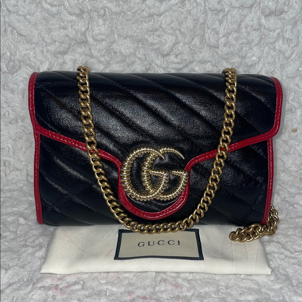 Gucci Torchon Marmont Quilted Leather Wallet on Chain WOC Bag Clutch Black/Red